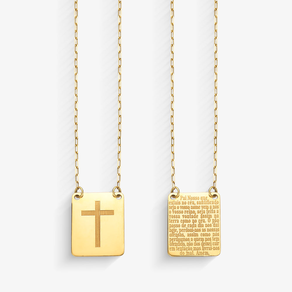 Escapulário Oraçõa e Cruz em Ouro Amarelo 18K