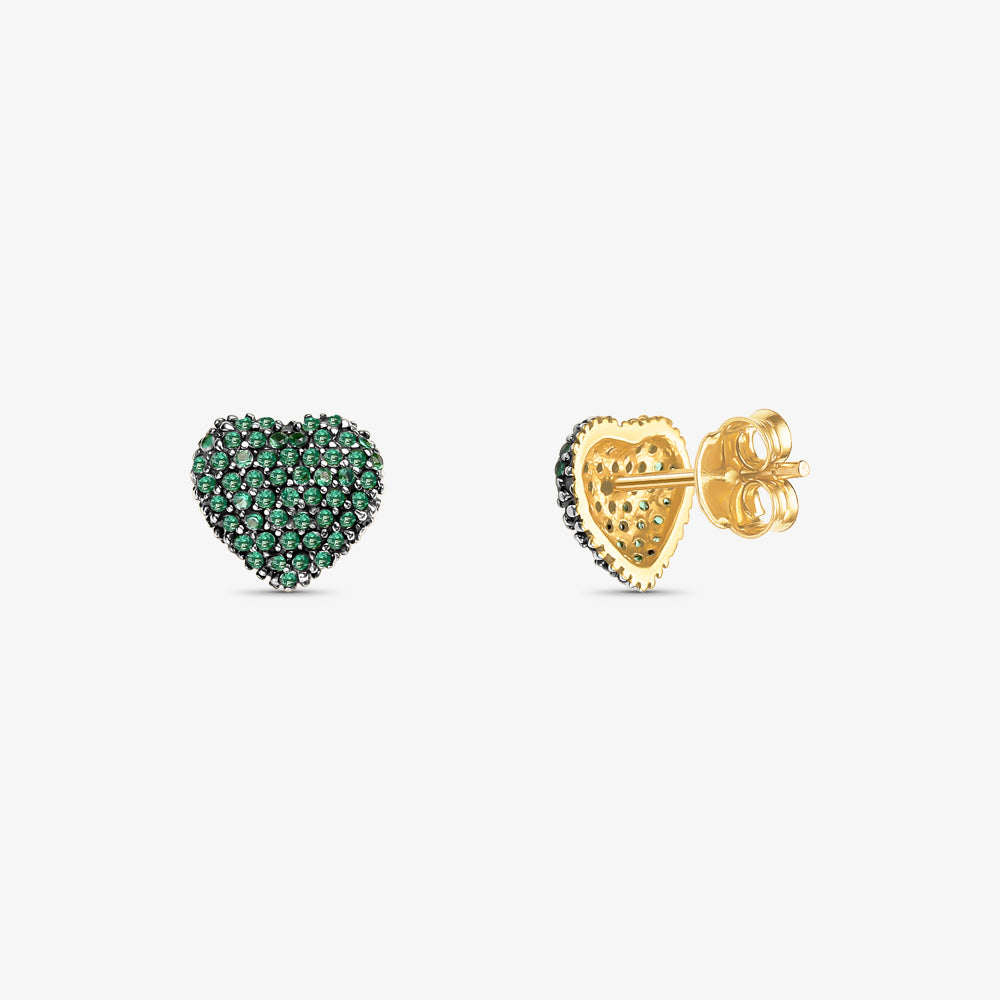 Brinco Coração com Pedras Verde em Ouro Amarelo 18K