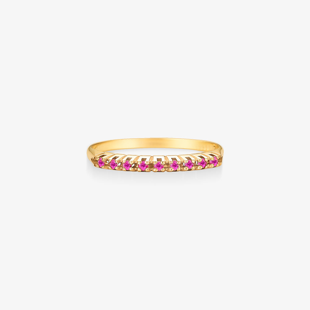 Anel Meia Aliança com 9 Rubis Naturais em Ouro Amarelo 18K