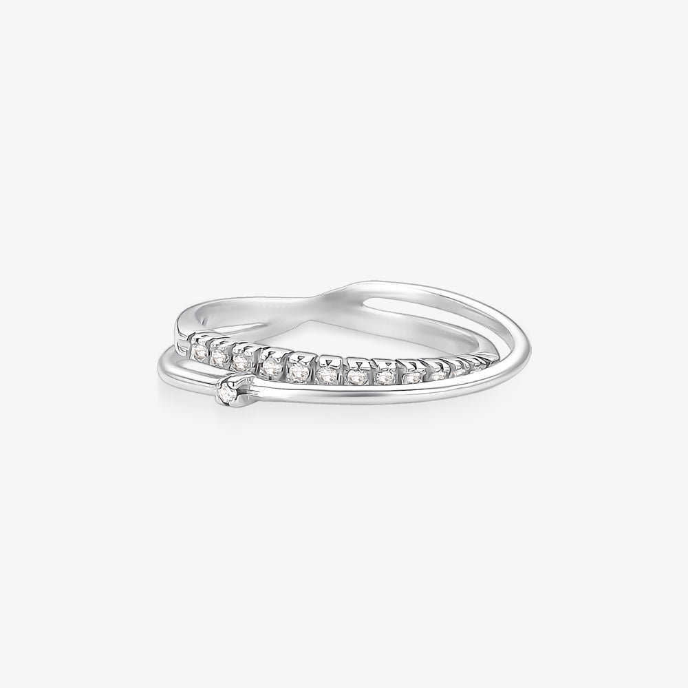 Anel Sol Duplo Solitário com Meia Aliança e Diamantes em Ouro Branco 18K