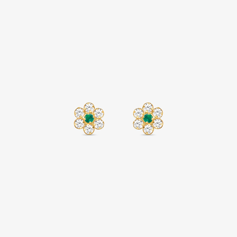 Brinco Flor com Pedras Verde em Ouro Amarelo 18K