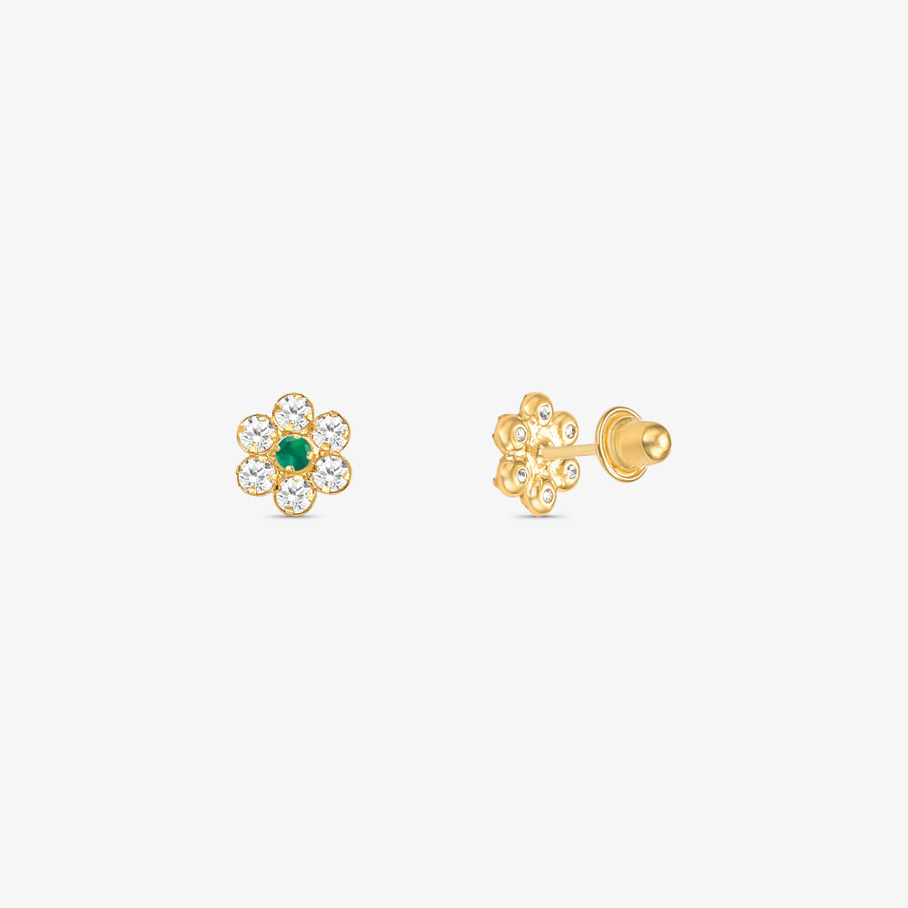 Brinco Flor com Pedras Verde em Ouro Amarelo 18K