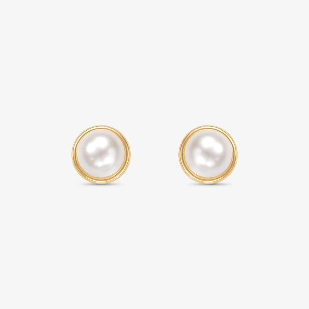 Brinco Pérola Natural Roseta Lisa em Ouro Amarelo 18K