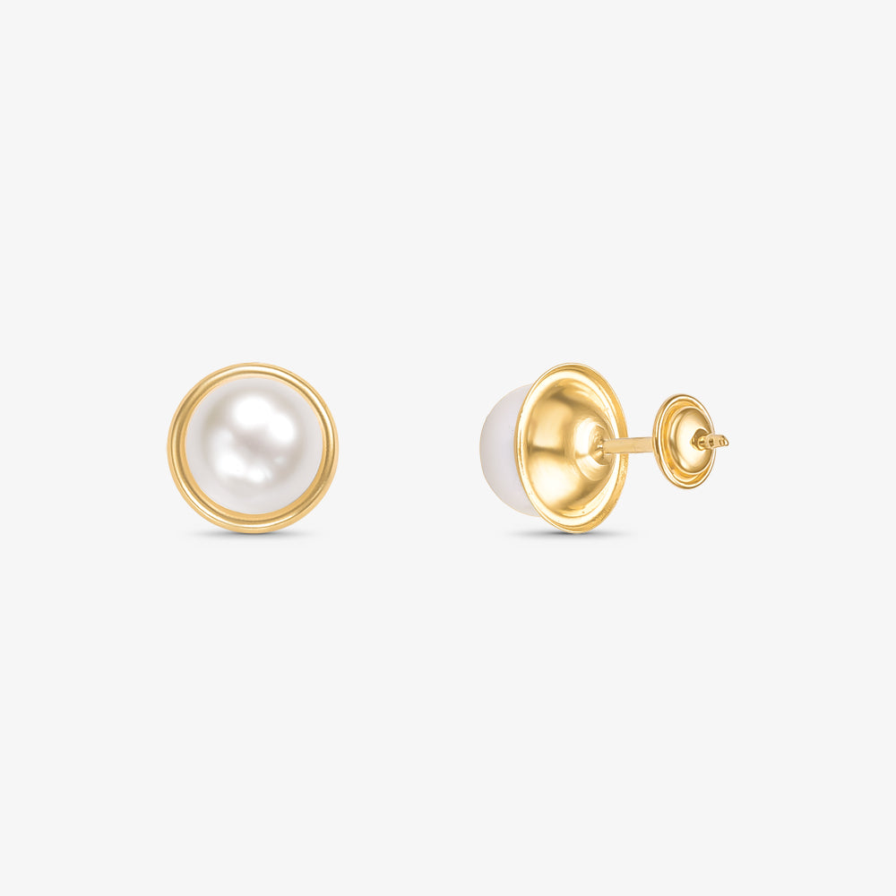 Brinco Pérola Natural Roseta Lisa em Ouro Amarelo 18K