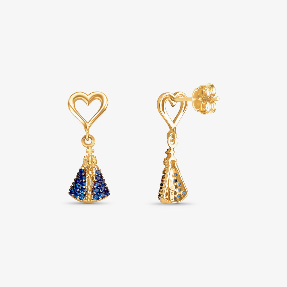 Brinco Coração com N.Sra Aparecida e Pedras em Ouro Amarelo 18K