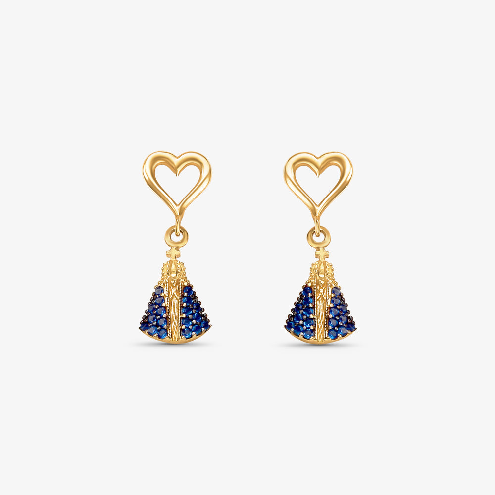 Brinco Coração com N.Sra Aparecida e Pedras em Ouro Amarelo 18K