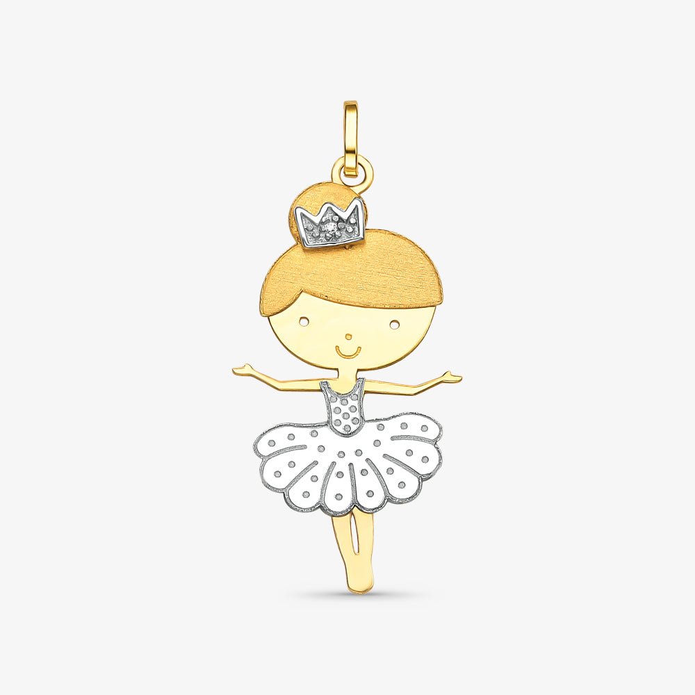 Pingente Bailarina com Coroa Bicolor e Pedras em Ouro 18K