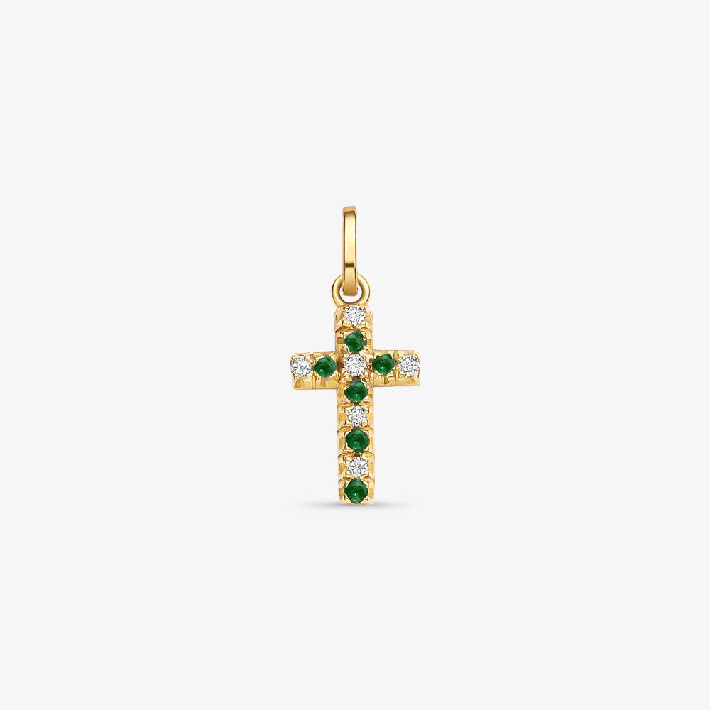 Pingente Cruz com Diamantes e Esmeraldas Naturais em Ouro Amarelo 18K