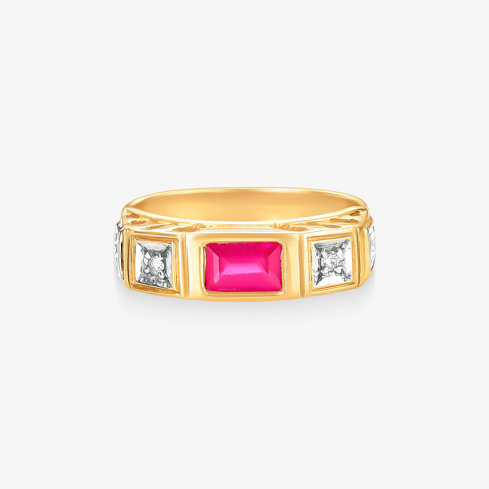 Anel Rei com Diamante e Rubi Natural em Ouro Amarelo 18K