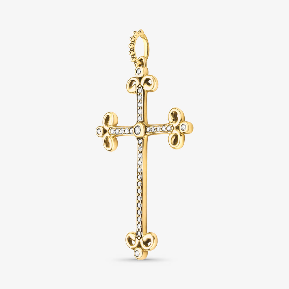 Pingente Cruz Trabalhada com Diamantes em Ouro Amarelo 18K