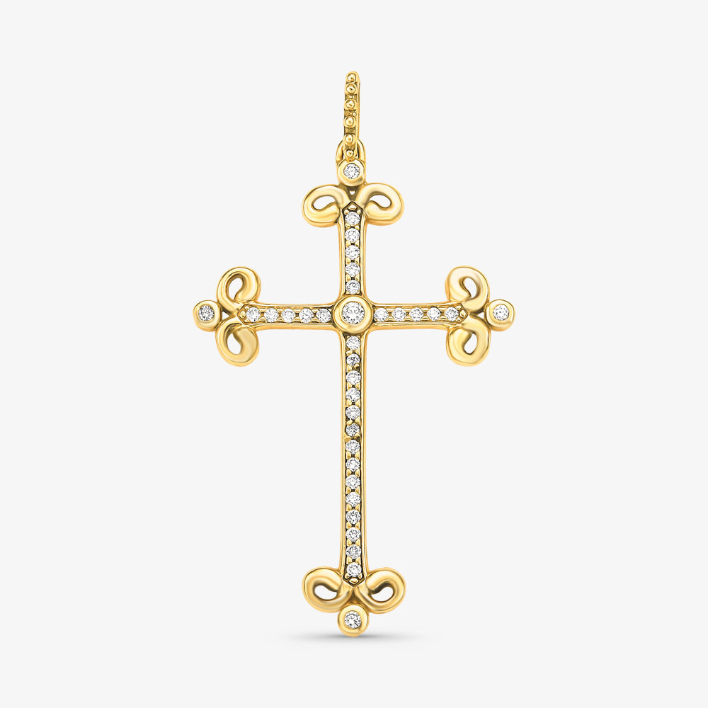 Pingente Cruz Trabalhada com Diamantes em Ouro Amarelo 18K