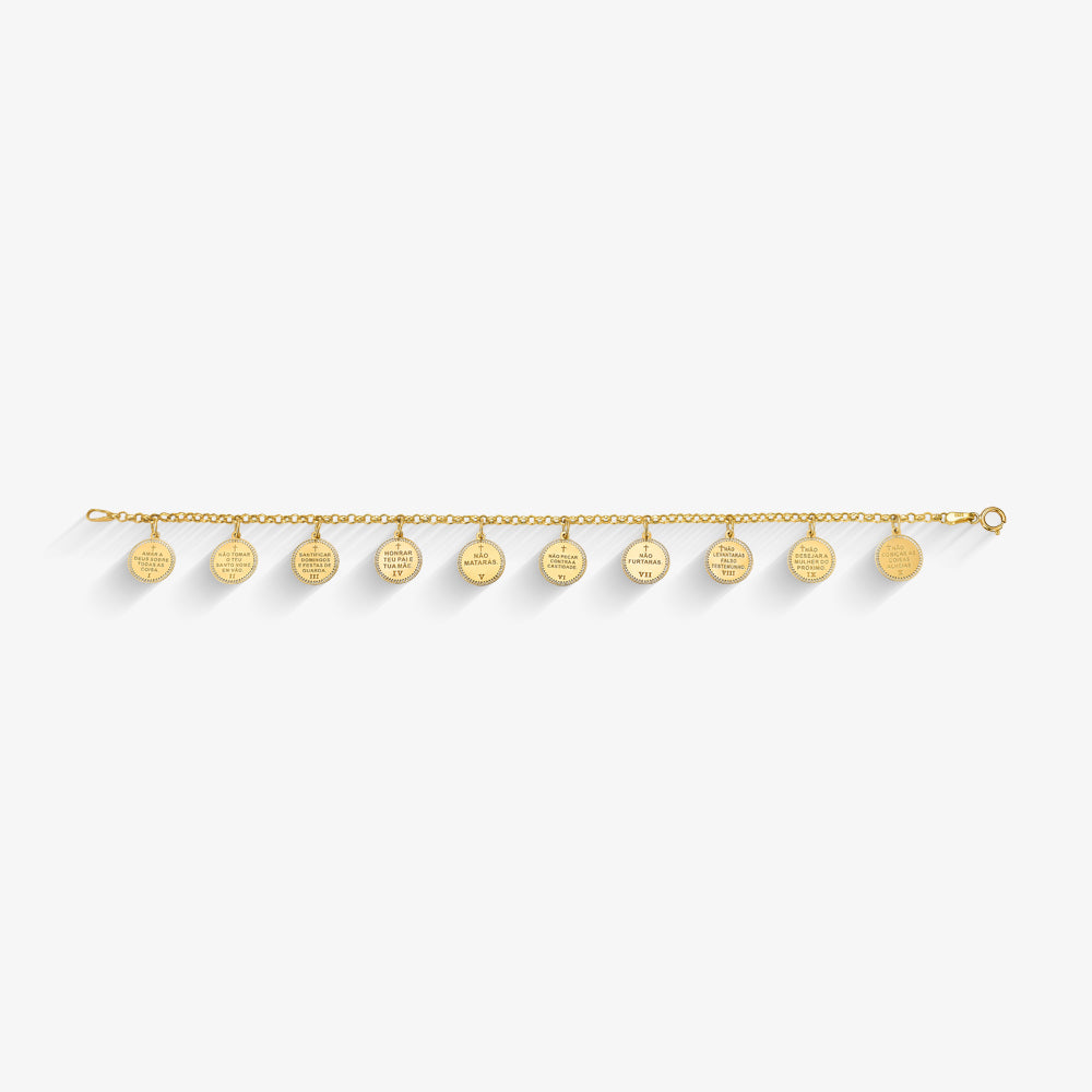 Pulseira Elo Português Dez Mandamentos em Ouro Amarelo 18K, 19cm