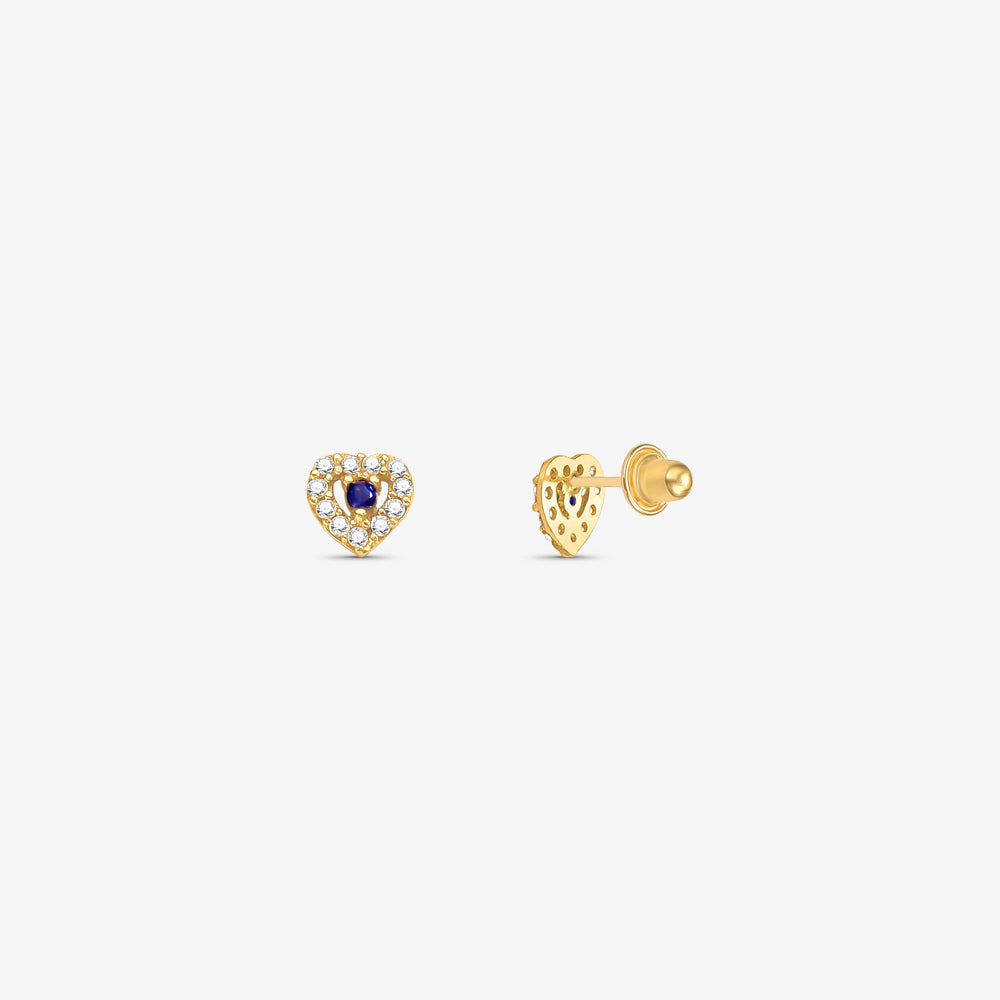 Brinco Baby Coração com Pedra Azul em Ouro Amarelo 18K<