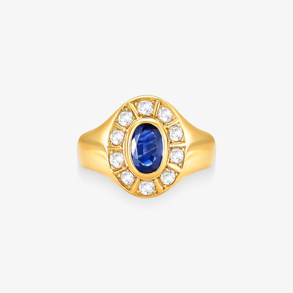 Anel Lótus com Safira Natural e Diamante em Ouro Amarelo 18K