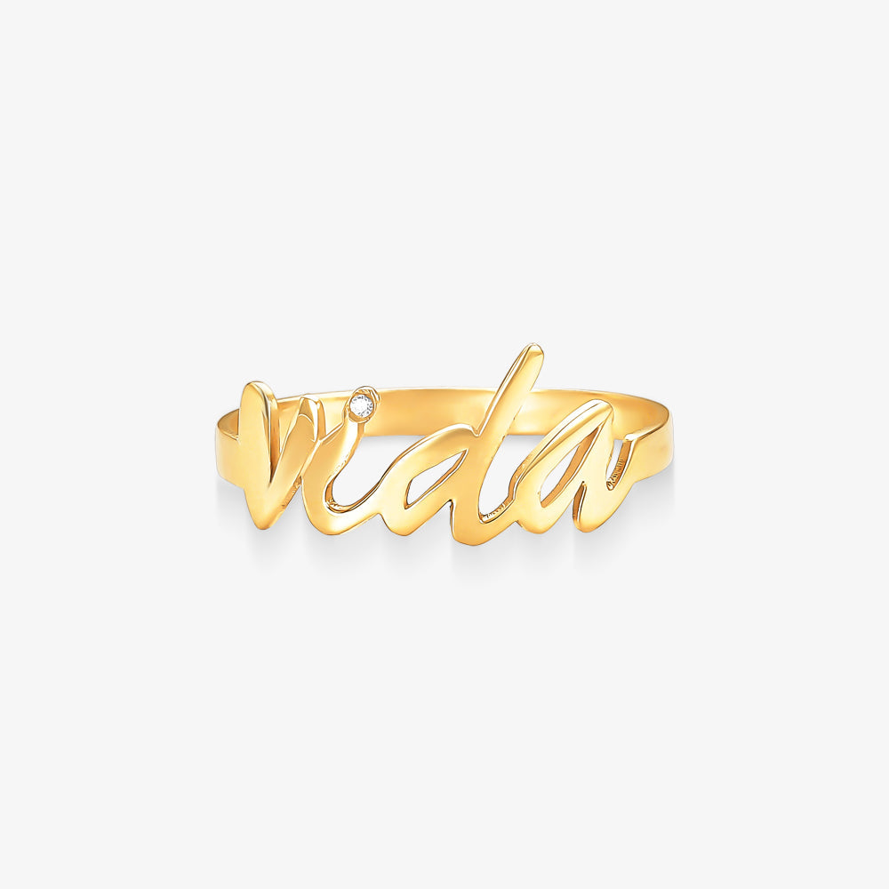 Anel Escrita Vida com Diamante em Ouro Amarelo 18K