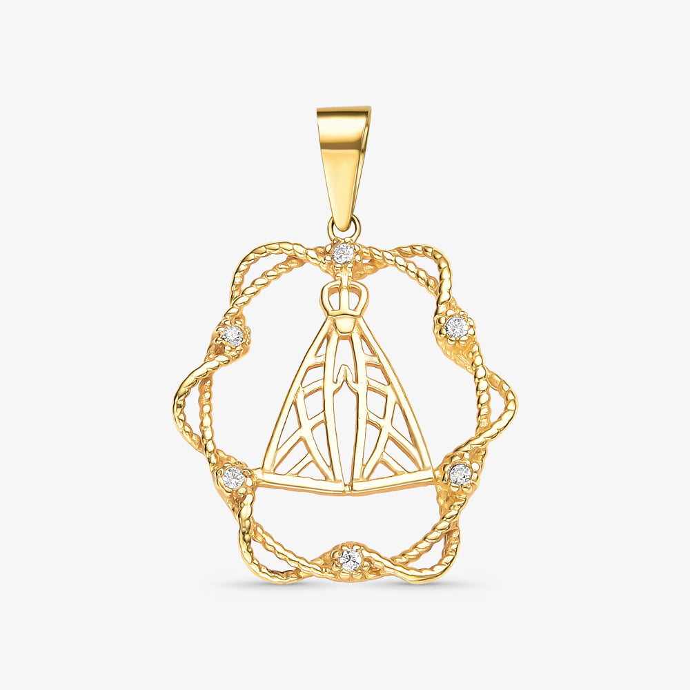 Pingente Nossa Senhora Aparecida Vazado com Aro com Pedras em Ouro Amarelo 18K