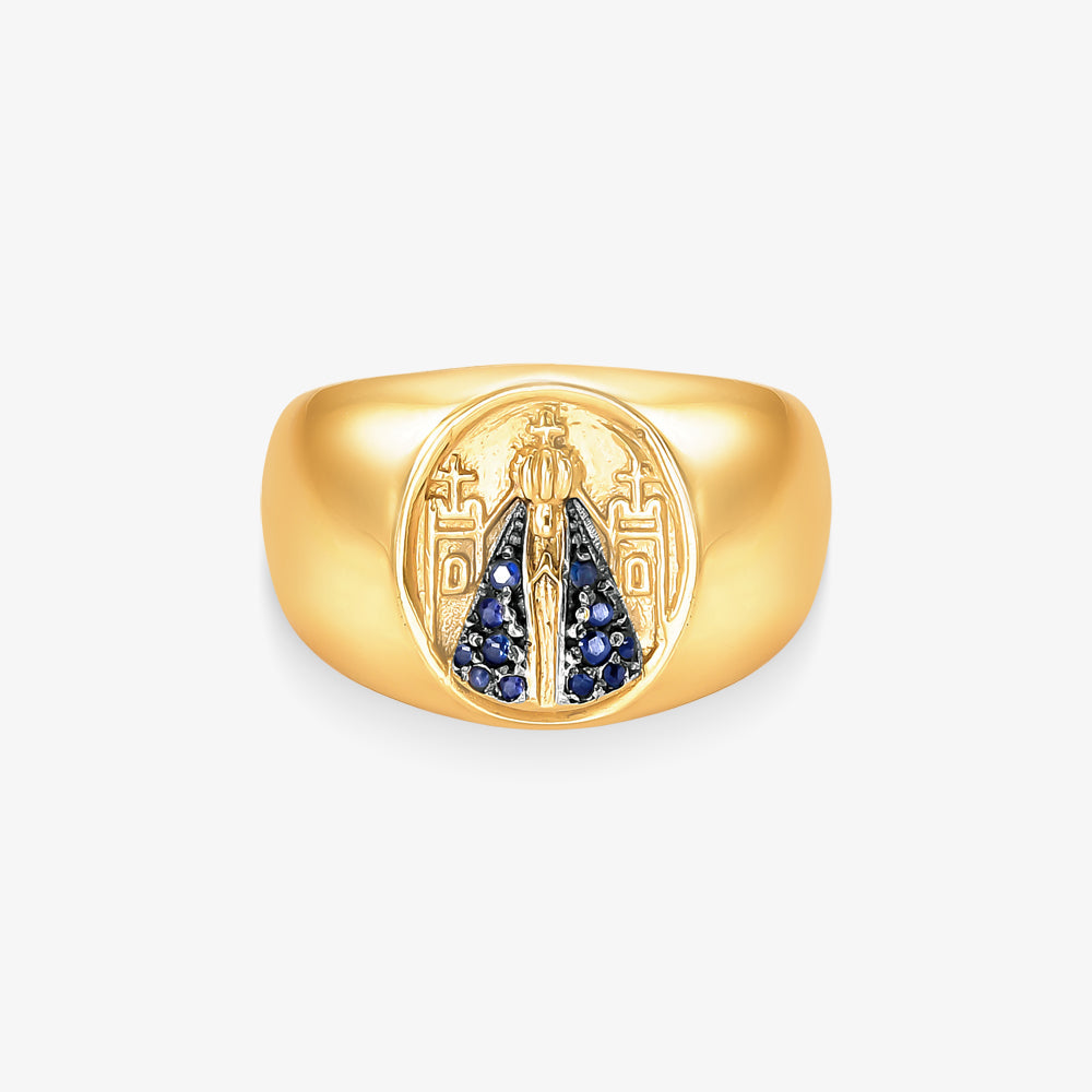 Anel N.Sra Aparecida com Safiras Naturais em Ouro Amarelo 18K