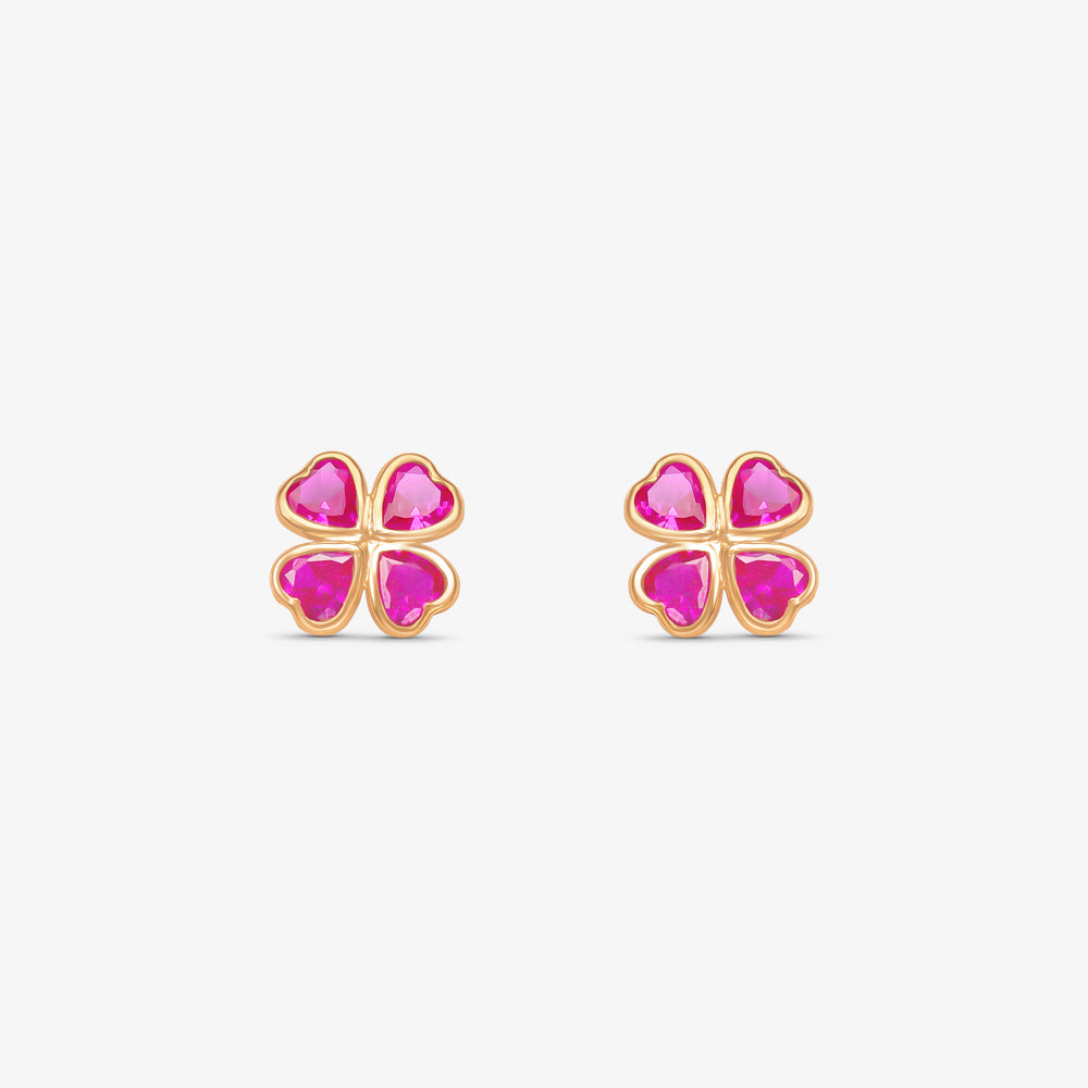 Brinco Trevo com Pedra Rosa Pink em Ouro Amarelo 18K