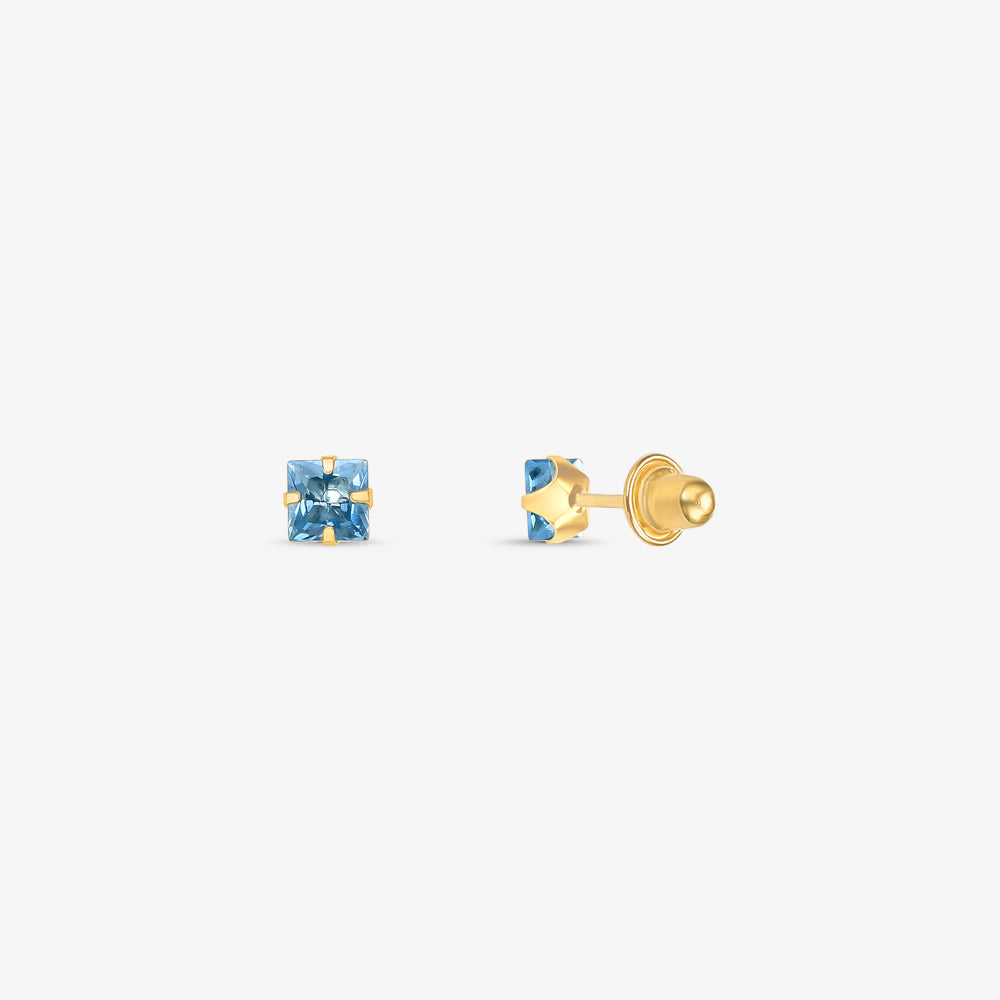Brinco Baby com Pedras Quadrada Azul Claro em Ouro Amarelo 18K