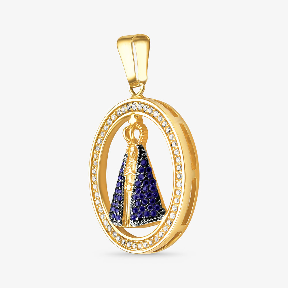 Pingente N.Sra Aparecida com Diamantes e Safiras Naturais em Ouro Amarelo 18K