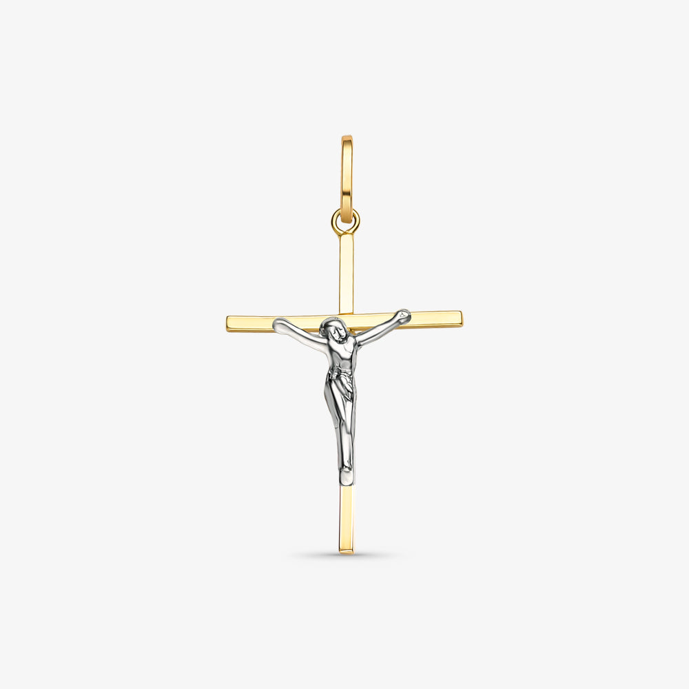 Pingente Cruz Quadrada com Cristo Bicolor em Ouro 18K