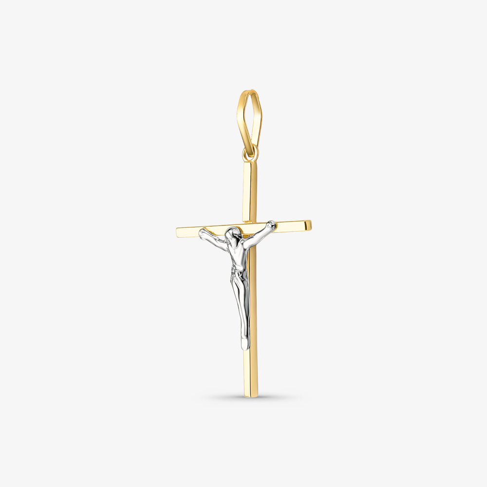 Pingente Cruz Quadrada com Cristo Bicolor em Ouro 18K