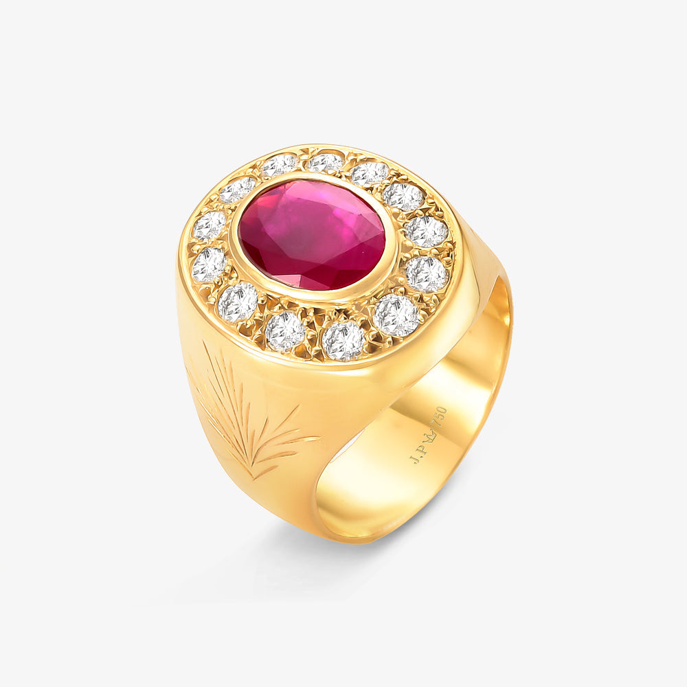 Anel Glória Oval com Diamante e Rubi Natural em Ouro Amarelo 18K
