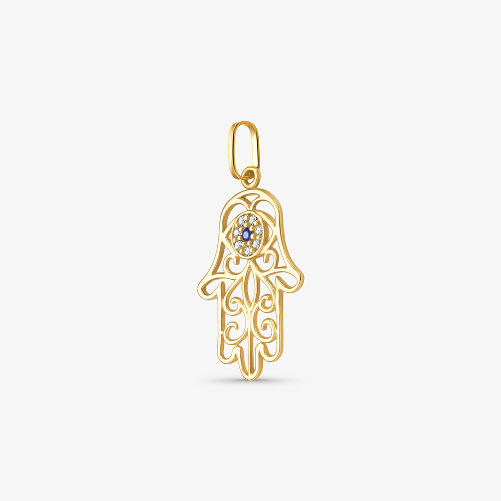 Pingente Mão de Fatima e Olho Grego com Diamantes e Safira Natural em Ouro Amarelo 18K