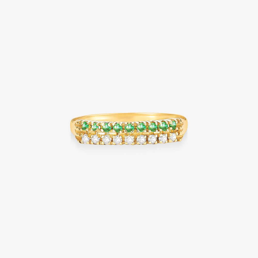 Anel Viga com Diamantes e Esmeraldas Naturais em Ouro Amarelo 18K