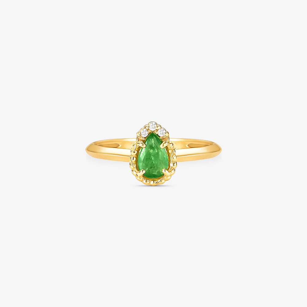 Anel V com Diamantes e Esmeralda Natura em Ouro Amarelo 18K