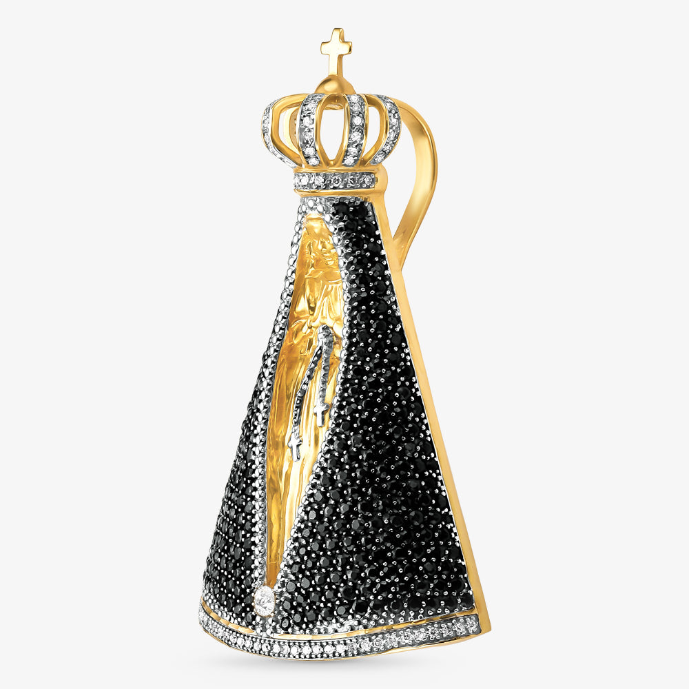 Pingente N.Sra Aparecida com Diamante e Safiras Naturais em Ouro Amarelo 18K