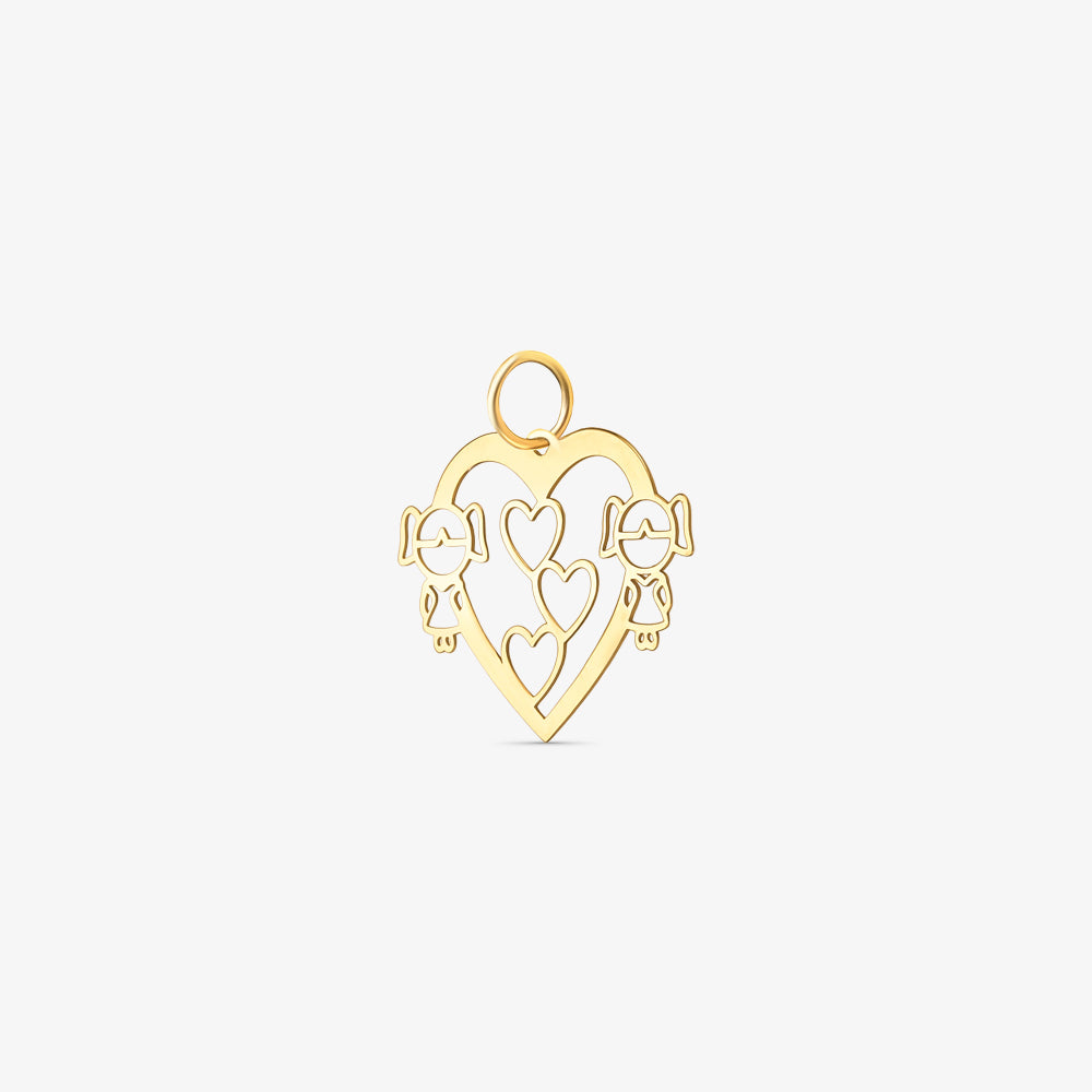 Pingente Coração Duas Meninas em Ouro Amarelo 18K