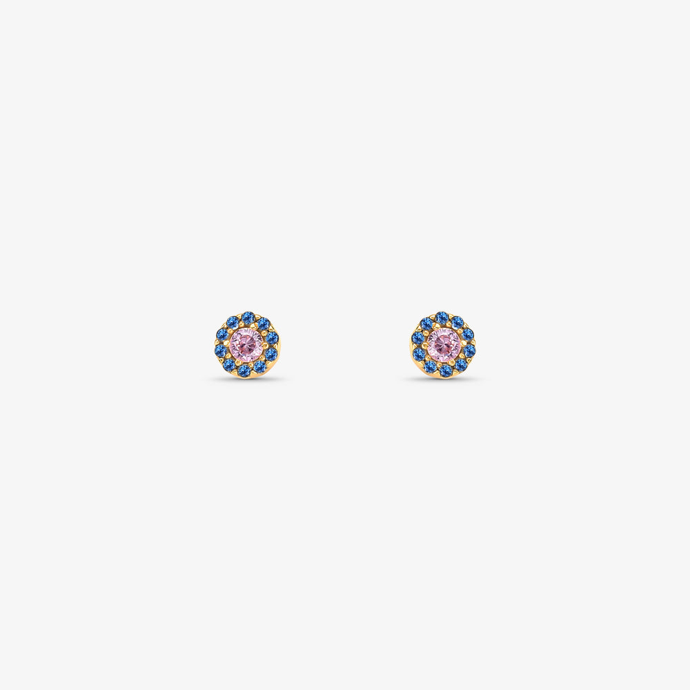 Brinco com Pedras Azul e Rosa em Ouro Amarelo 18K