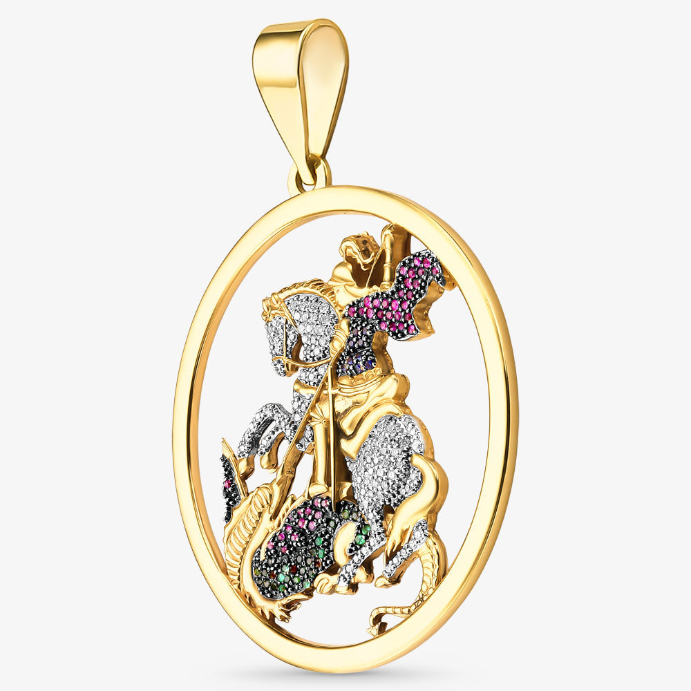 Pingente São Jorge com Diamantes, Rubis e Esmeraldas em Ouro Amarelo 18K