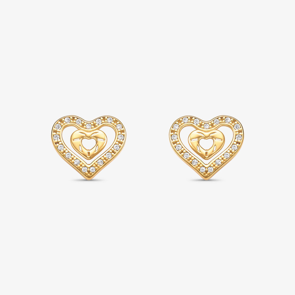 Brinco Coração Vazado com Pedras em Ouro Amarelo 18K