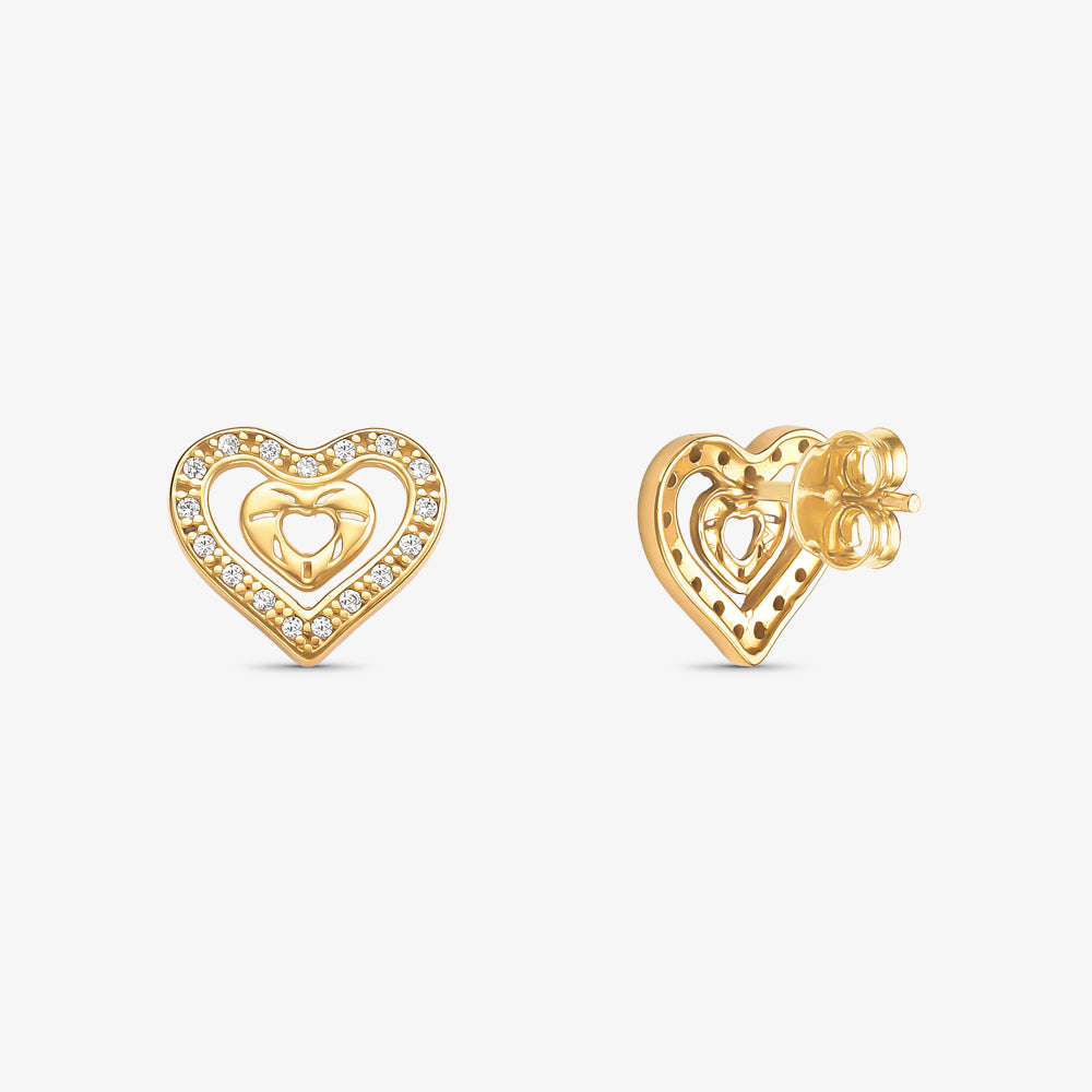 Brinco Coração Vazado com Pedras em Ouro Amarelo 18K