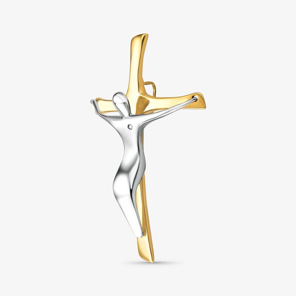 Pingente Cruz Bicolor com Cristo e Diamantes em Ouro 18K