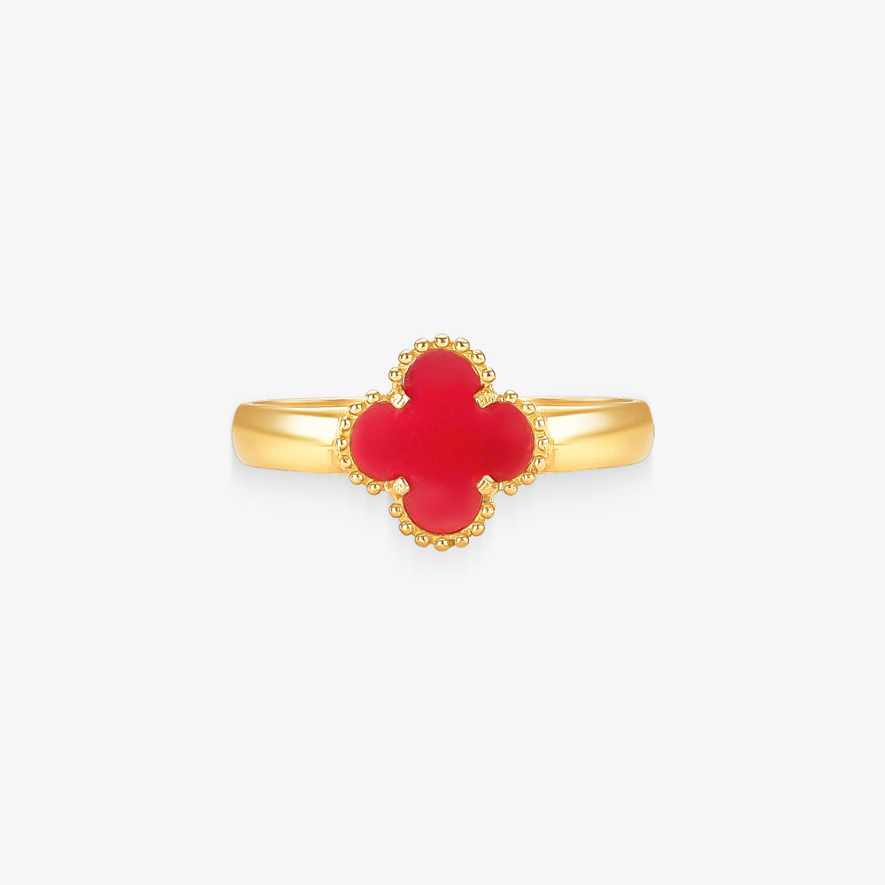 Anel Trevo Vermelha em Ouro Amarelo 18K