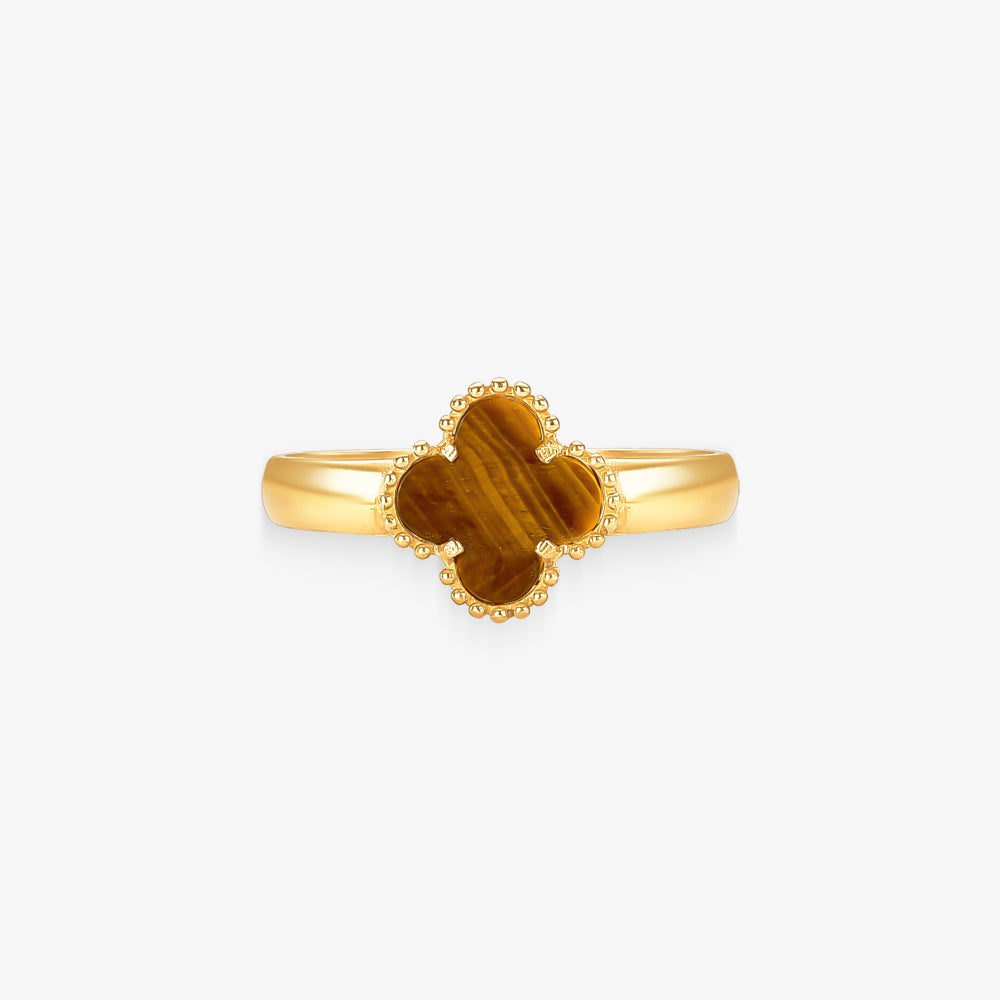 Anel Trevo Olho de Tigre em Ouro Amarelo 18K