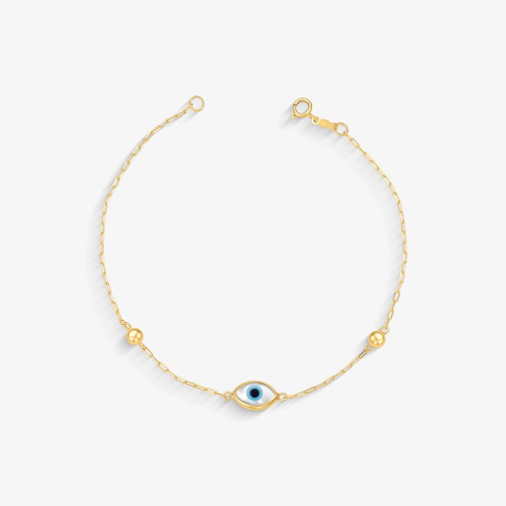Pulseira Bola com Navete Olho Grego em Ouro Amarelo 18K, 3mm