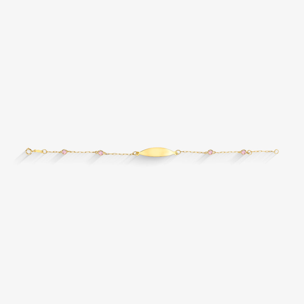 Pulseira Infantil Chapa Oval com Pedras Rosas em Ouro Amarelo 18K