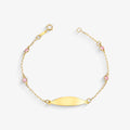 Pulseira Infantil Chapa Oval com Pedras Rosas em Ouro Amarelo 18K