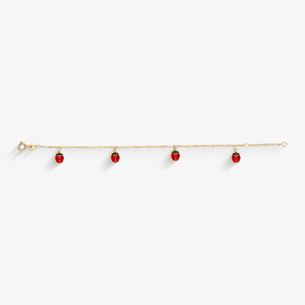 Pulseira Infantil 4 Joaninhas Forrada em Ouro Amarelo 18K