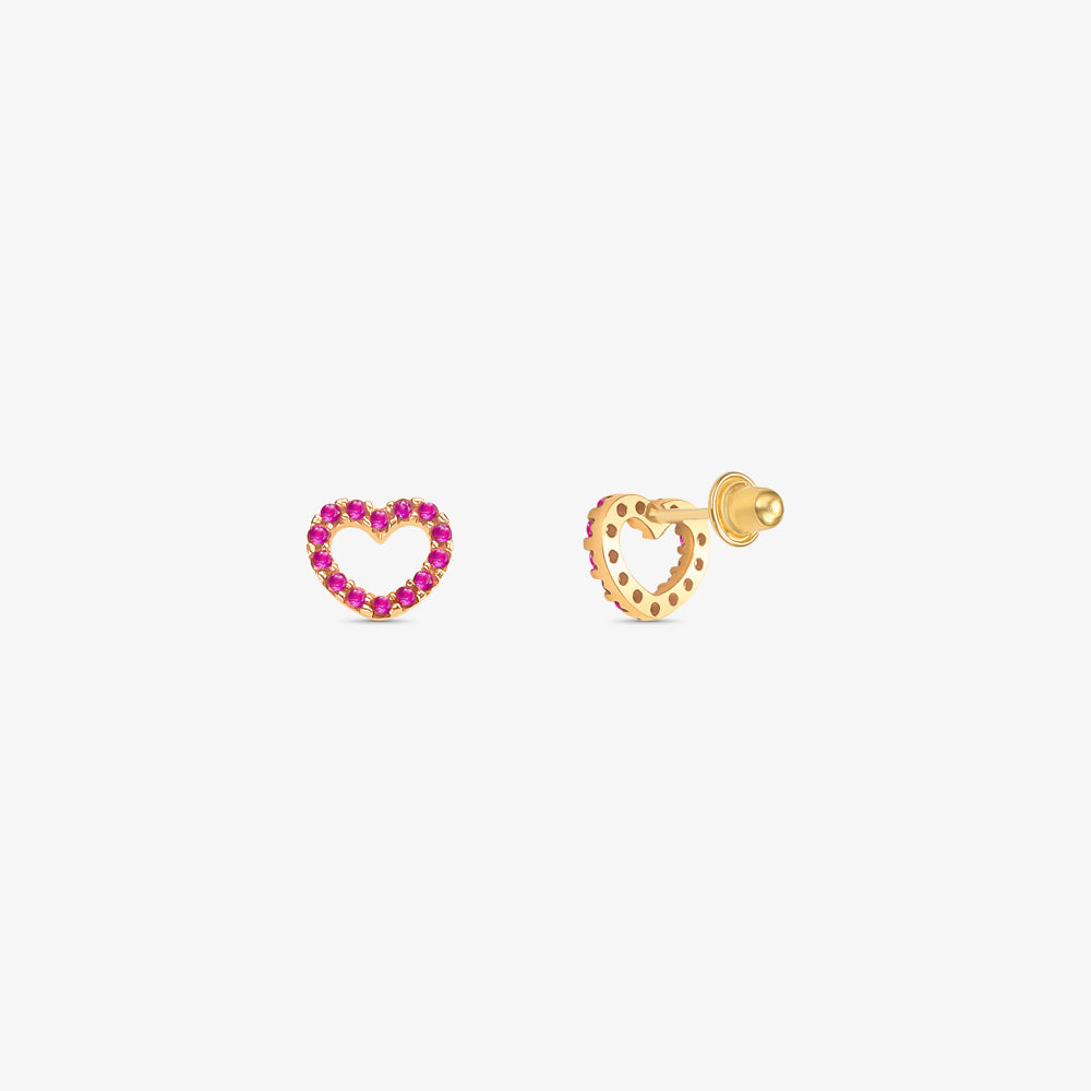 Brinco Baby Coração com Pedra Pink em Ouro Amarelo 18K