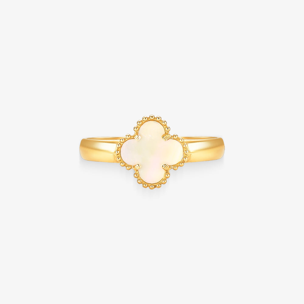 Anel Trevo Madre Pérola Champanhe em Ouro Amarelo 18K