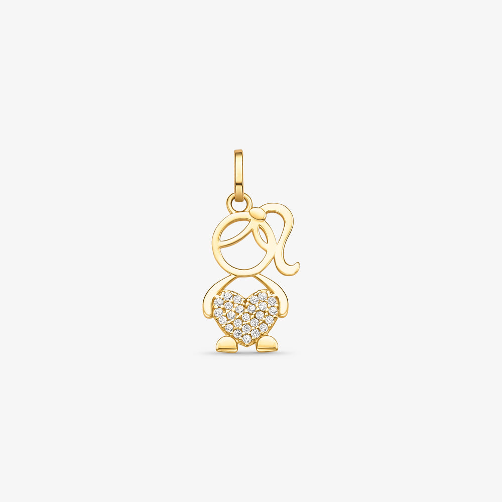Pingente Menina Coração com Pedra Incolor em Ouro Amarelo 18K