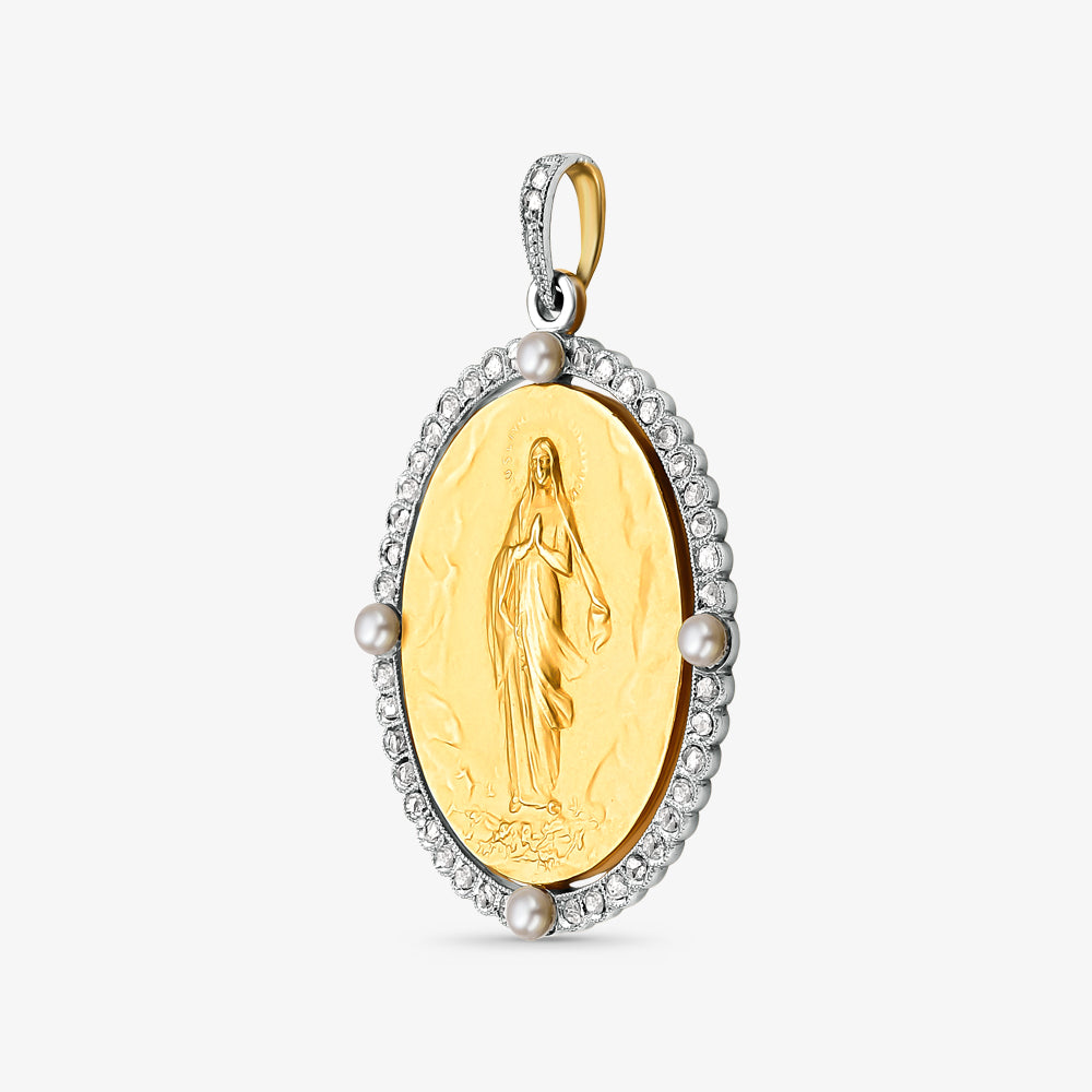 Pingente Santa Virgem Milagrosa com Diamantes e Pérolas Naturais em Ouro Amarelo 18K