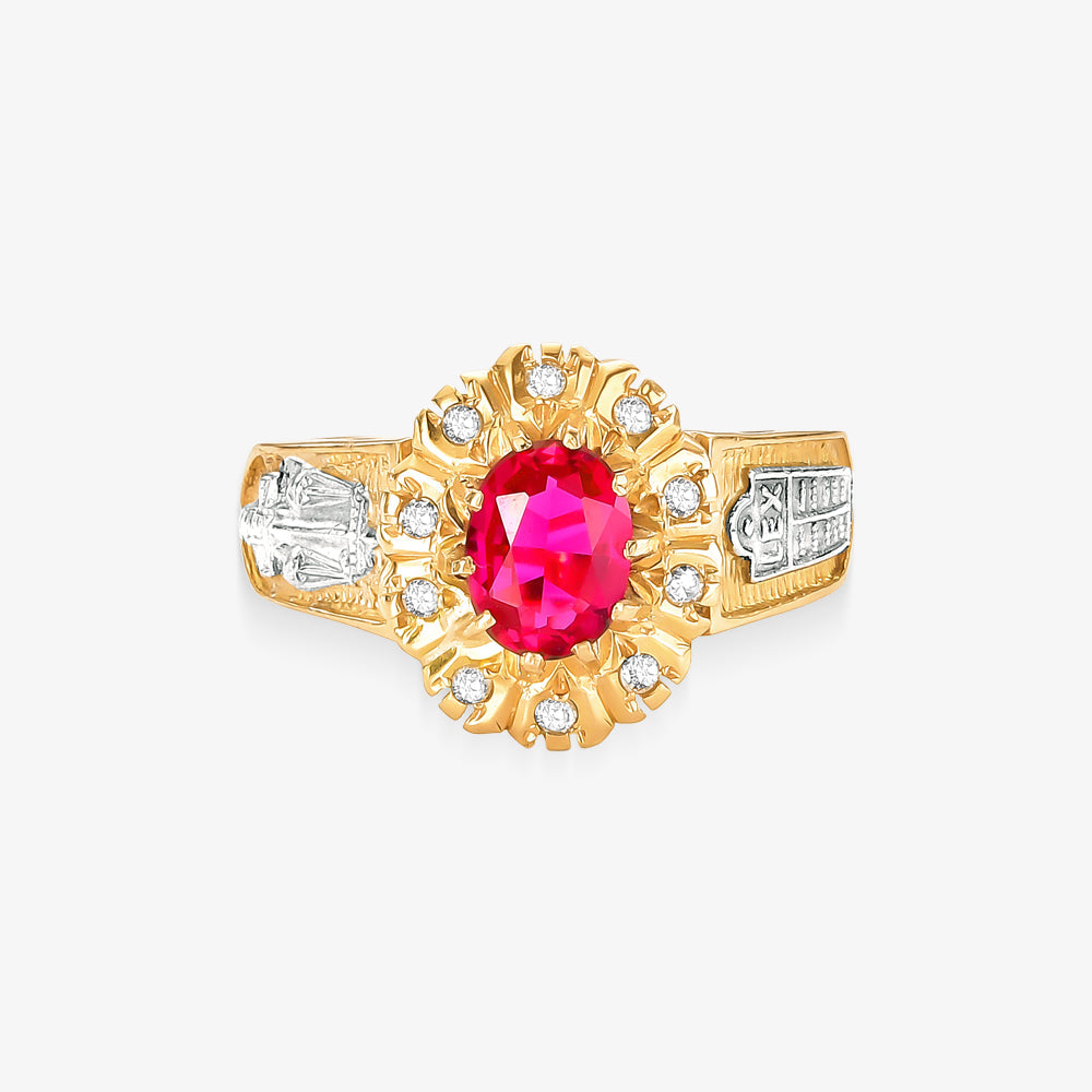 Anel Triunfo com Diamantes e Rubi Natural em Ouro Amarelo 18K