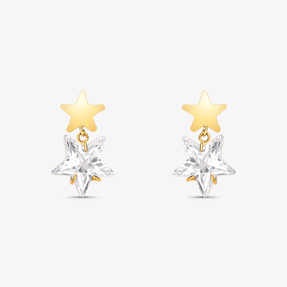 Brinco Estrela com Pedras Pendurado em Ouro Amarelo 18K