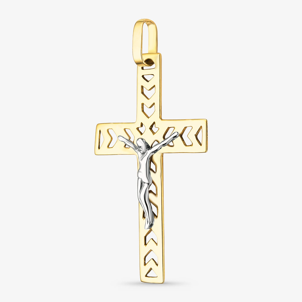 Pingente Cruz com Cristo Bicolor Trabalhada em Ouro Amarelo 18K